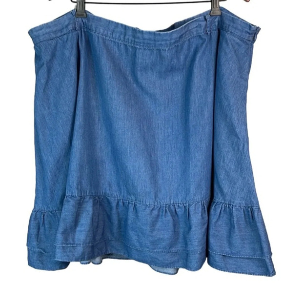 MODCLOTH Chambray Ruffled Mini Skirt Blue Medium Wash Pockets Cotton Plus 4X - Picture 2 of 12